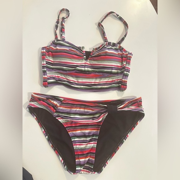 Striped Bikini Set - Colorful V-Wire Top & Full Coverage Bottom Top S Bottom M - Picture 1 of 6